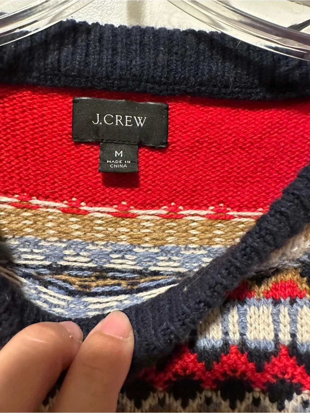 J. Crew Men's Navy Crewneck Sweater w Red, Cream & Light Blue Fair Isle Medium